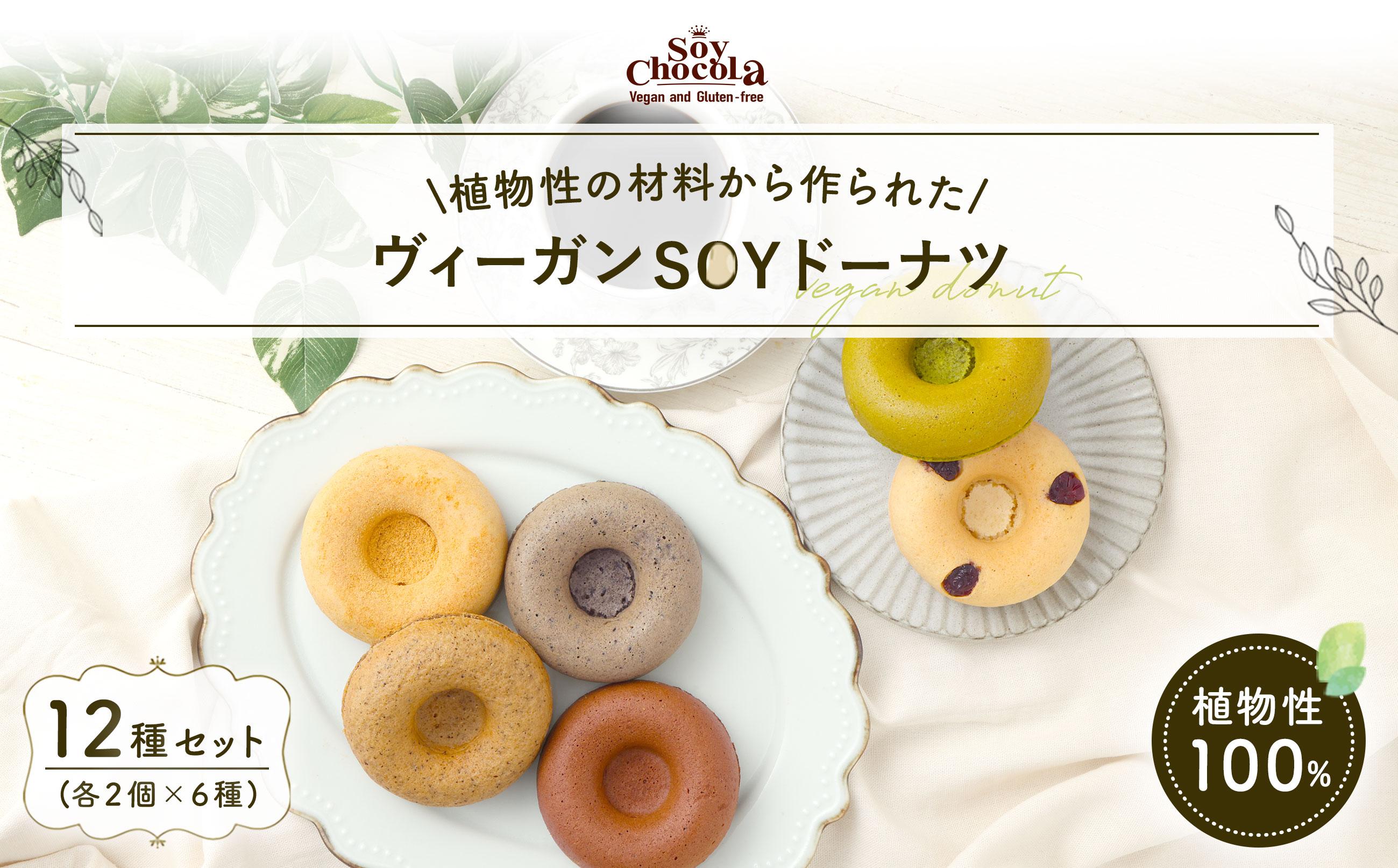 グルテンフリー＆ヴィーガンSOYドーナツ12個セット (6種×2個)（クランベリー、八女抹茶、黒ごま、きなこ、アールグレイ、ショ