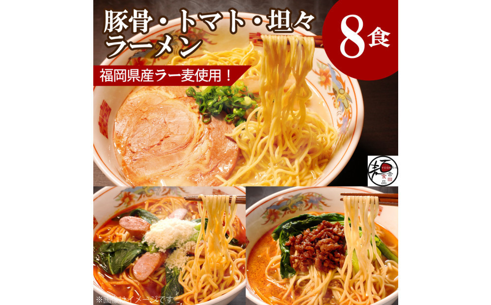 【福岡ラー麦・生麺使用】吉田食品の博多ラーメン8食セット（とんこつ×4・濃口とんこつ×2・トマト×1・担々×1）